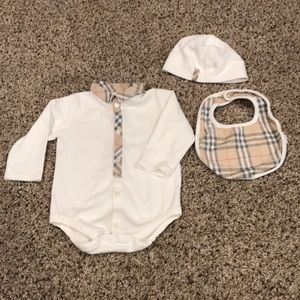 Burberry Onesie, Bib and Beanie, 3-6 months